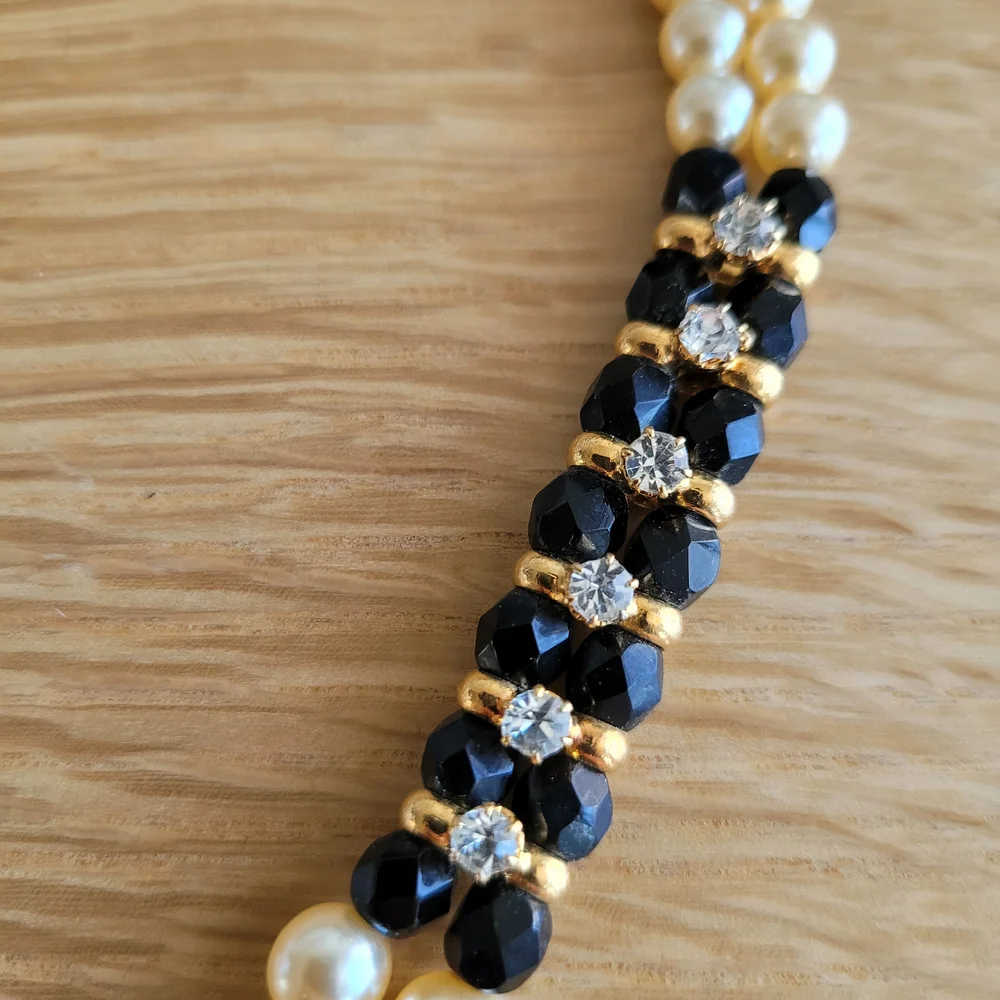 Double Strand Faux Pearl Necklace – Black & Gold – Elegant Statement Piece - Picture 2 of 6